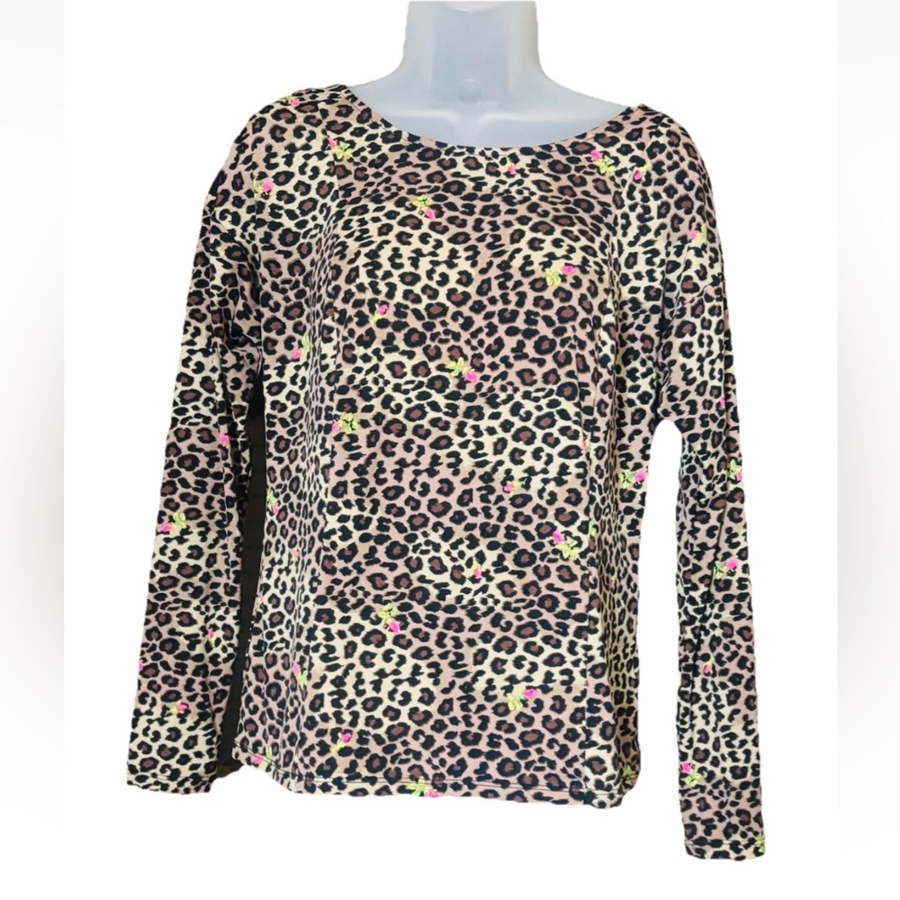 Betsey Johnson Womens Leopard Floral Print Mesh Shoulder Long Sleeve Top Size S
